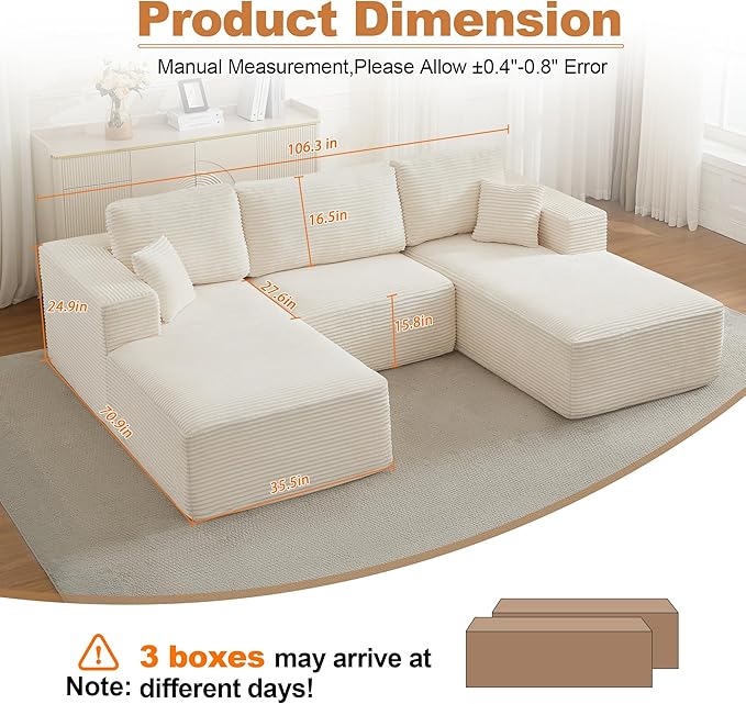 Modular Sectional Cloud Couch for Living Room,Modern Boneless Couche Set with Plush Corduroy,Comfy Floor Sofa with Memory Foam,Stupendous U Shaped Sofa,No Assembly Required,Beige