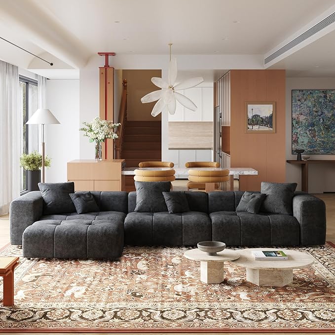 JACH 144.1 Inch L-Shaped Modular Sofas, Modern 3-Seater Couch with Chaise Ottoman, Mid Century Modern Sectional Couches, Cozy Sleeper Sofa for Apartment/Living Room (Linen Fabric, Black)