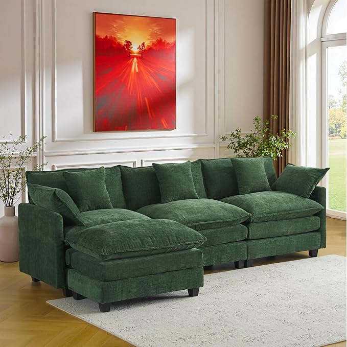 111.4" L-Shaped Cloud Chenille Sectional with Reversible Chaise, Flexible 3+1 Layout for Large Spaces, Deep Seat and Free Pillows Included