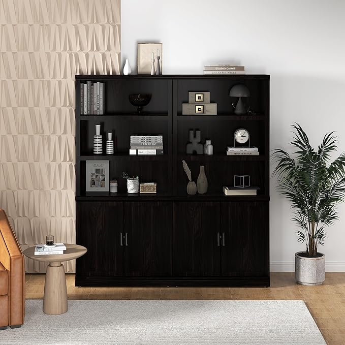 70 Inch Tall Bookcase with Doors, Library Office Bookshelf with Adjustable Shelves, Floor Standing Storage Cabinet for Bedroom Living Room Organizer with Anti Tipping Kit, Dark Cherry Finish