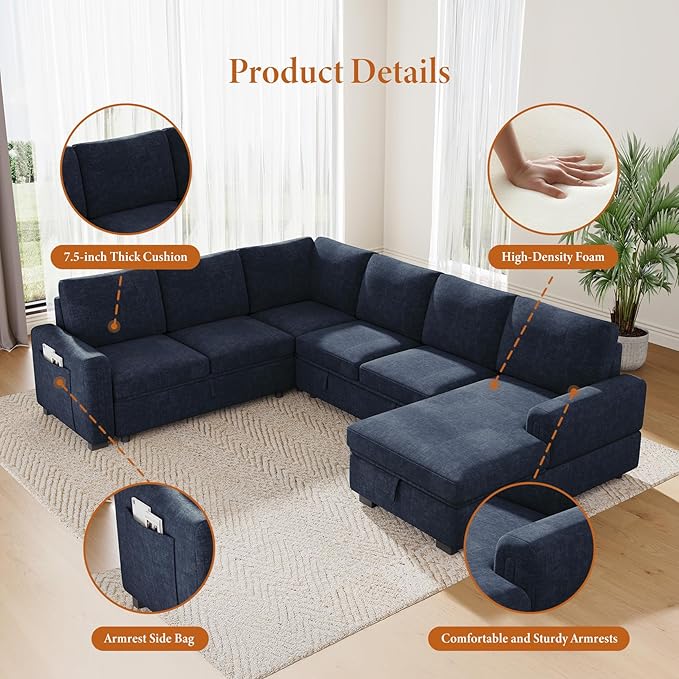 Vesgantti 113.6" Pull Out Sofa Bed with Chaise, 7 Seater U Shaped Sleeper Sofa with Storage Chaise, Comfy Chenille Modular Sectional Couch for Living Room, Bedroom, Apartment, Blue