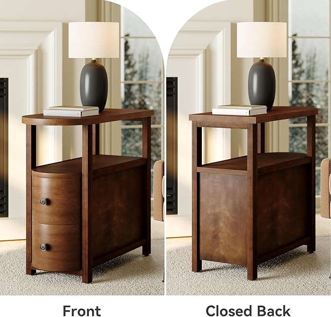 LITTLE TREE Solid Wood End Table with 2 Drawers & Open Shelf, No Assembly Required Side Table for Living Room, Vintage Brown Couch Side Tables, Slim Bedside Table Nightstand for Bedroom