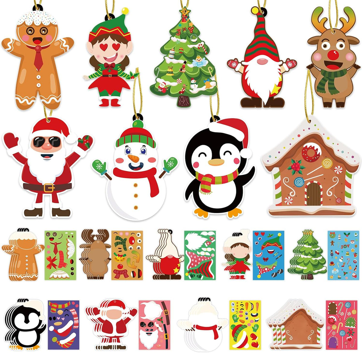 VABAMNA 72pcs Christmas Ornament Crafts for Kids - Make Your Own Ornament Kit with Christmas Craft Stickers for Kids Xmas Tree Holiday Hanging Decor, 9 Designs