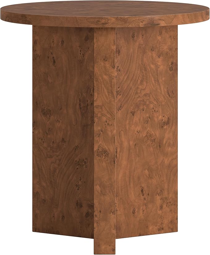 Henn&Hart 20" Scandinavian Round Wooden End Table, Side Table, Nightstand with X-Base for Living Room, Office, Family Room, or Bedroom, Walnut Burl