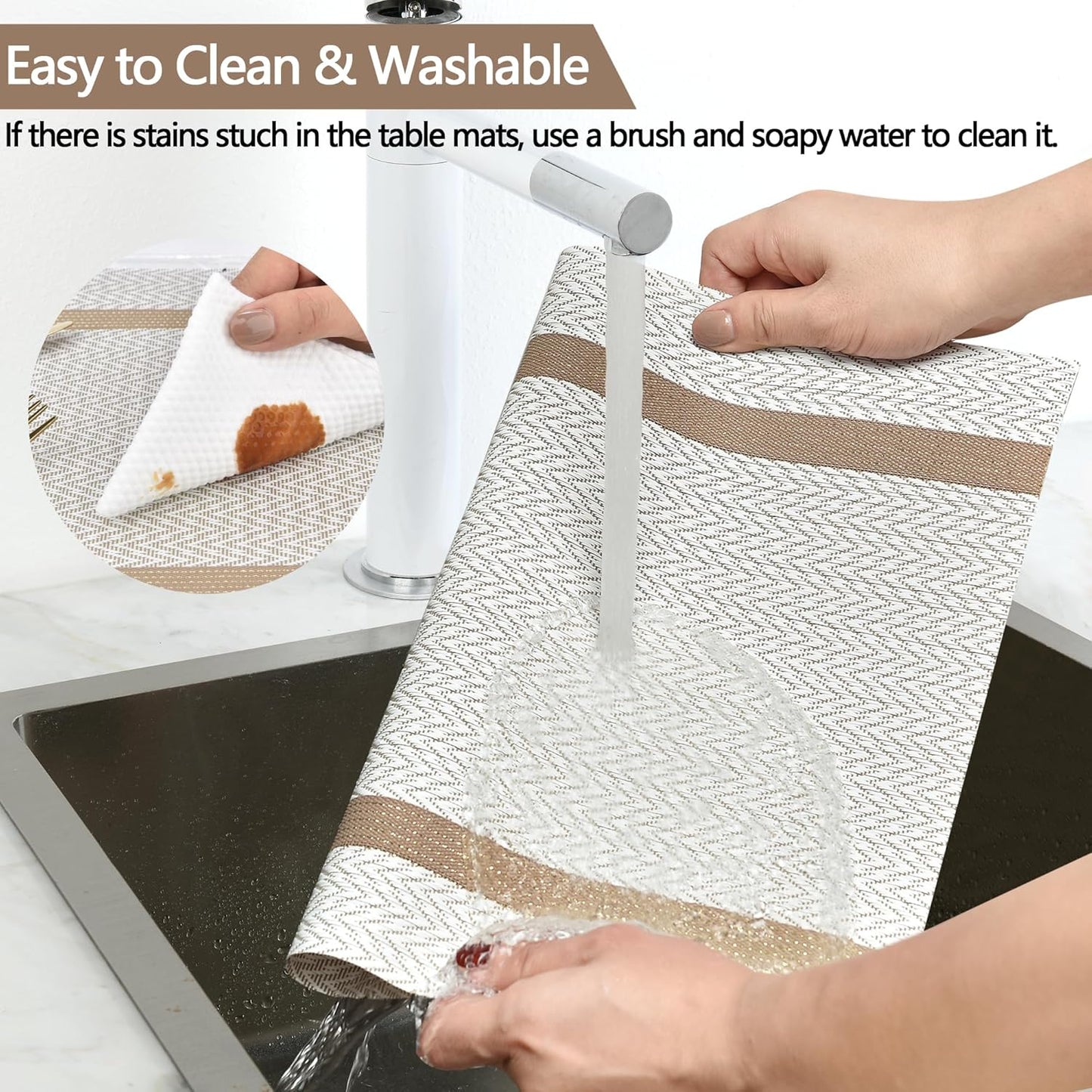 Beige White Placemats Set of 4 - Easy Clean Modern Washable Plastic Place Mats - Heat Resistant Placemats for Kitchen Table - PVC Table Mats for Dining Table(Beige White with Stripes, 4)