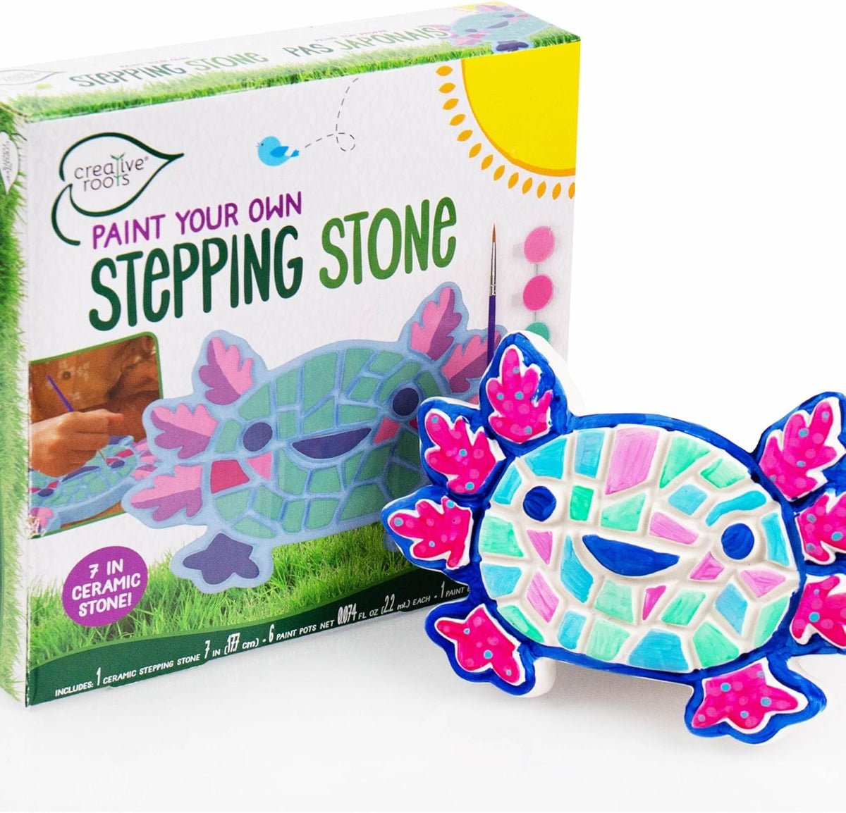 Creative Roots Axolotl Stepping Stone Kit, 7-Inch Paintable Ceramic Stepping Stone, Includes 6 Acrylic Paints, Kids Crafts, Ages 8+