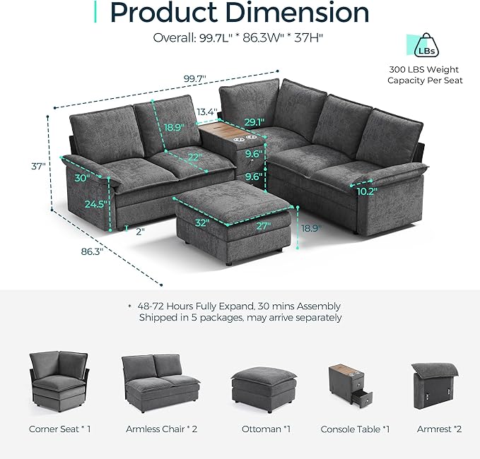 LINSY HOME Modular Sectional Couch Set, 99.7" V Shaped Cloud Sofa with Versatile Console, Chenille 5 Seater Sofa Set for Living Room, Apartment, Office, Green