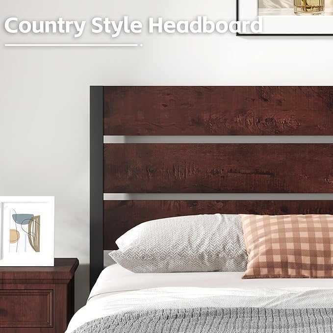 Full Bed Frame with Headboard and Footboard, with Under Bed Storage, All-Metal Support System, No Box Spring Needed, Easy Assembly, Red Brown