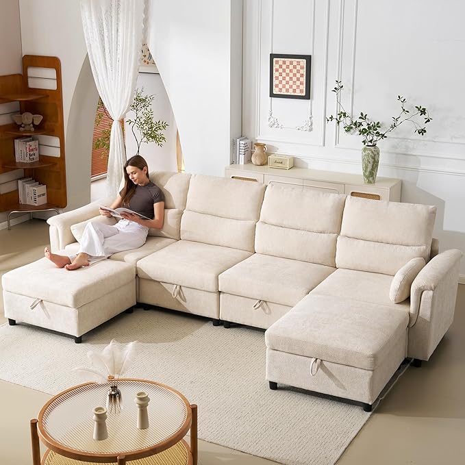 132'' Oversized Modular Sectional Sofa, U Shaped Cloud Couch with Large Storage, Extra Deep Seat, Modern Chenille Sofa with Chaise, 6 Seat Convertible Couches for Living Room, Beige