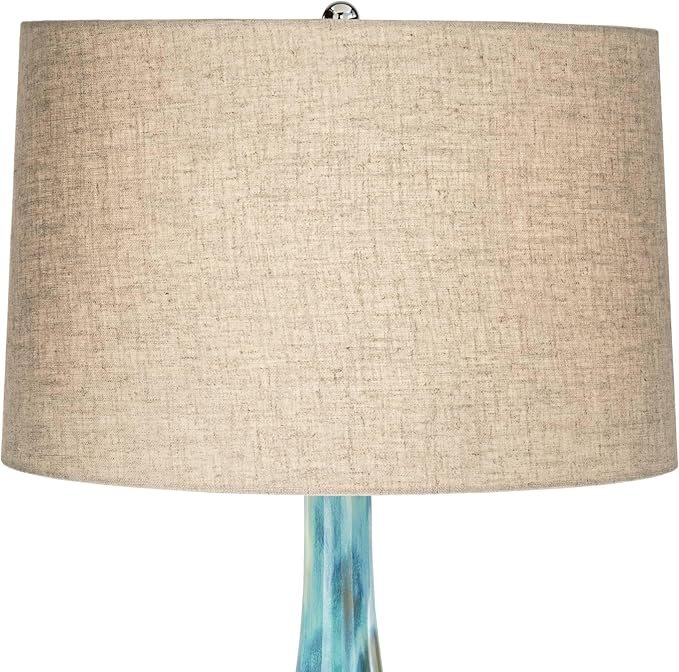 Possini Euro Design Kenya Modern Table Lamp 29 1/2" Tall Blue Green Reactive Glaze Ceramic Beige Linen Tapered Drum Shade for Bedroom Living Room House Home Bedside Nightstand Office Entryway Kids