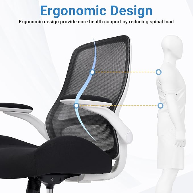 HYLONE Heavy Duty Office Chair, 5" Thickened Seat Ergonomic Desk Chair with Adjustable Armrests, Home Office Computer Chairs for Long Hours Mesh Executive Chair(White Base & Black)