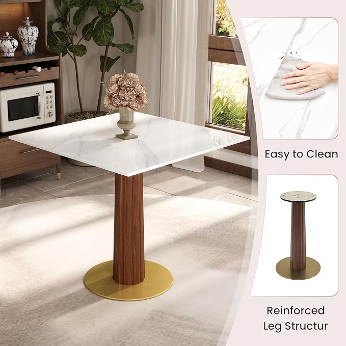 Sintered Stone Square Office Table and Chair Set - Meeting Table for Small Offices (Dark Brown Leg and White Top, 1 Table and 4 Chairs)
