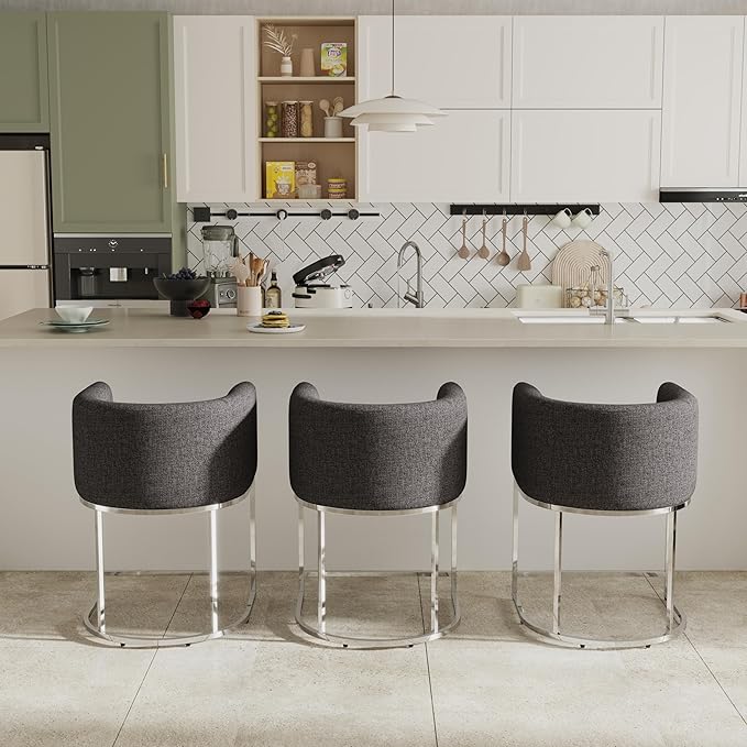 Contemporary Charcoal Linen Bar Stools Set of 3, 24" Upholstered Fabric Counter Height Barstools Kitchen Counter Island Stools with Screwed Together Chrome Finish Base