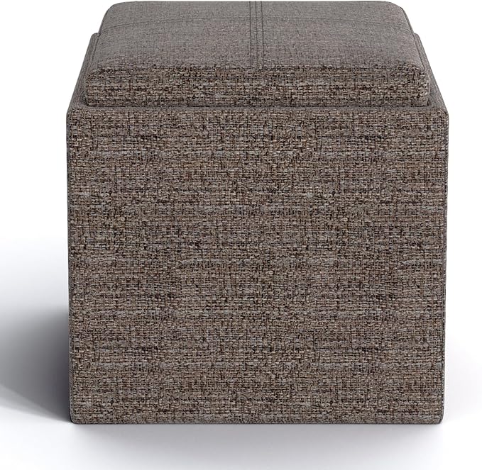 SIMPLIHOME Rockwood 18 inch Wide Contemporary Square Cube Storage Ottoman with Tray in Mink Brown Tweed Look Fabric, Assembled, For the Living Room, Entryway and Family Room