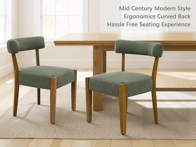 Modern Green Dining Chairs Set of 8, Walnut Upholstered Kitchen & Dining Room Chairs, Mid Century Modern Wooden Dining Chairs Oversized Sturdy Fabric Rounded Chairs Curved Back