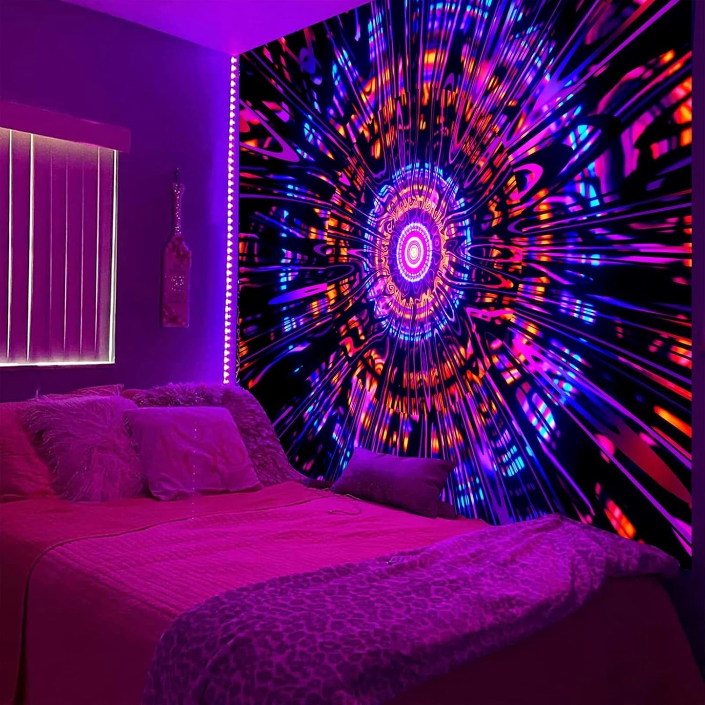 PSYHILAR Blacklight Mandala Tapestry for Bedroom, Psychedelic Black Light Posters for Adults and Teens, Colorful UV Reactive Aesthetic Bohemian Art Wall Hanging Decor Red and Purple (90 x 70 Inches)