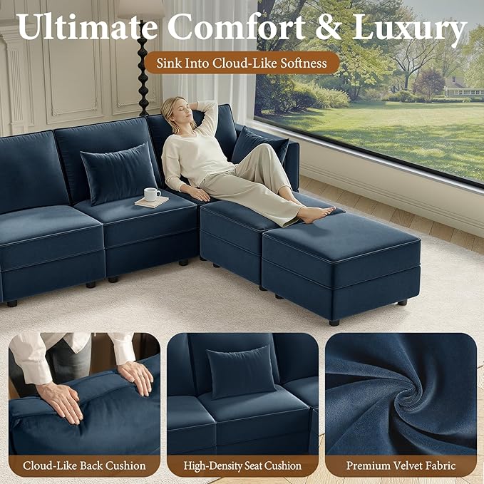 Vesgantti Modular Sofa Bed with Storage, 92" Sleeper Sofas with 9 Seats Storage Chaises Removeble Cover, Luxury Large Velvet Sectional Couch Set for Living Room, Apartment, Home Theatre, Blue