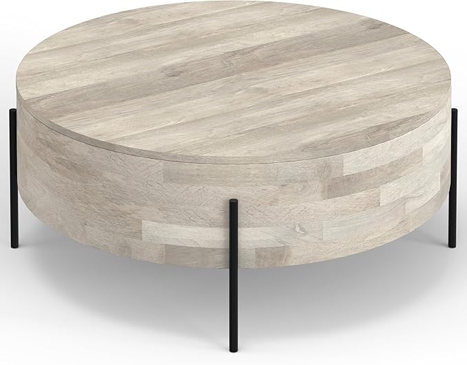SIMPLIHOME Rayburn Drum Coffee Table - 38 inch Wide Solid Mango Wood Round Living Room Table in White Wash, Modern Urban Center Table for Family Room with Black Metal Legs and Large Surface