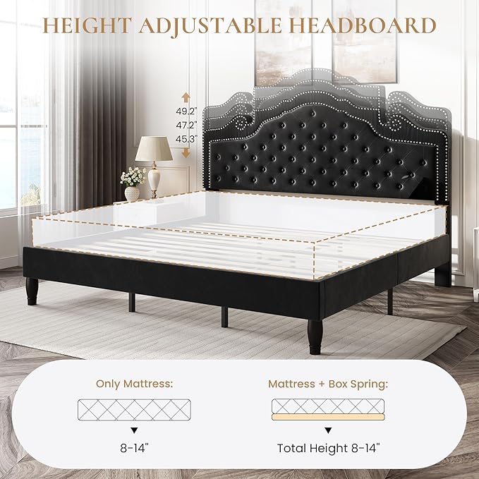 SHA CERLIN King Size Platfrom Bed Frame with Adjustable Headboard/Velvet Upholstered Diamond Button Tufted and Metal Studs/No Box Spring Needed/Easy Assembly/Wooden Slat Support/Black