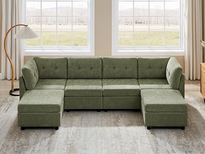 VANOMi 4 Seat Cloud Couches for Living Room with 2 Ottomans, 118" Modular Sectional Sofas & Couches, Comfy Chenille Cloud Sectional Couch Sofa for Apartment, Office, Olive Green, U Shaped