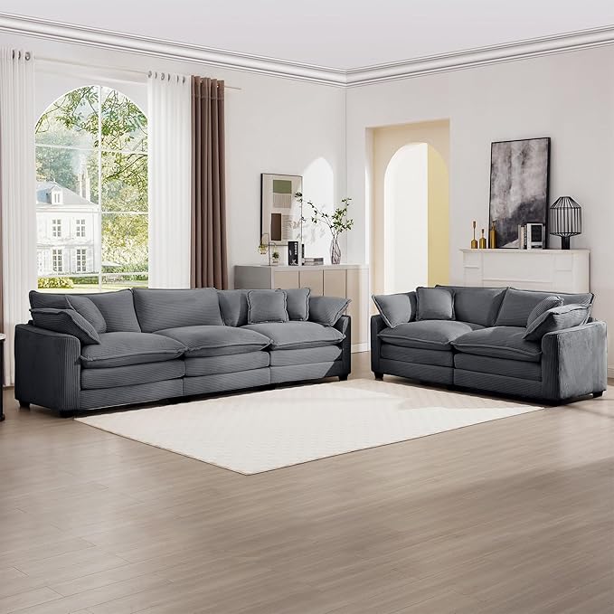 mikibama Luxury 2 Piece Sofa Set, 3-Seater & Loveseat Couch Set, Modern Corduroy Comfy Cloud Couches Set for Living Room Office with 4 Armrest Pillows and 5 Toss Pillows, Grey