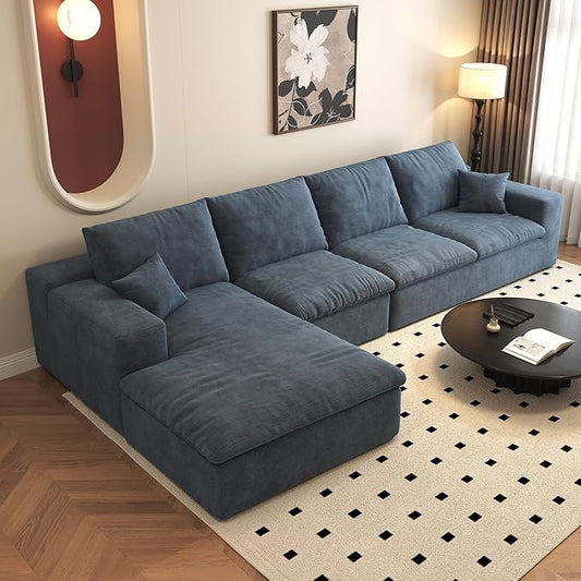 136.6'' L-Shaped Modern Modular Sectional Cloud Couch, 4-Seat Chenille Deep-Seat Sofa with Pillow for Living Room, Bedroom, Apartment, Ocean Blue