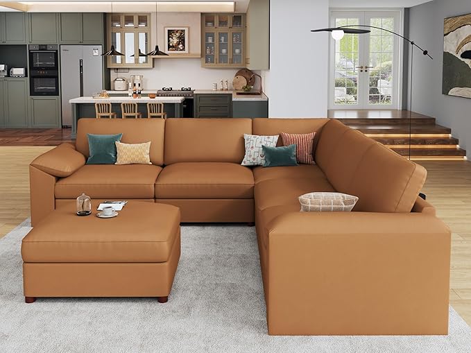 EASE MOOSE Oversized Corner Modular Sectional Sofa with Ottoman, Faux Leather Sectional Sofa with Deep Seat, Scratch Resistant Faux Leather Material, Extra Large L Shaped Couch, Brown