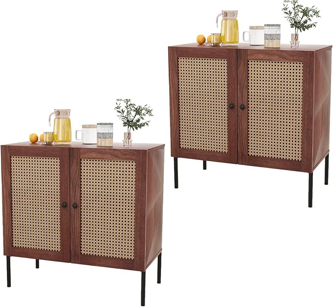 COSTWAY Buffet Cabinet with Storage, Storage Sideboard with Rattan Decorated Doors, Adjustable Shelf, Metal Legs, Accent Cabinet, Buffet Table Credenza for Hallway, Entryway, Living Room (2, Walnut)