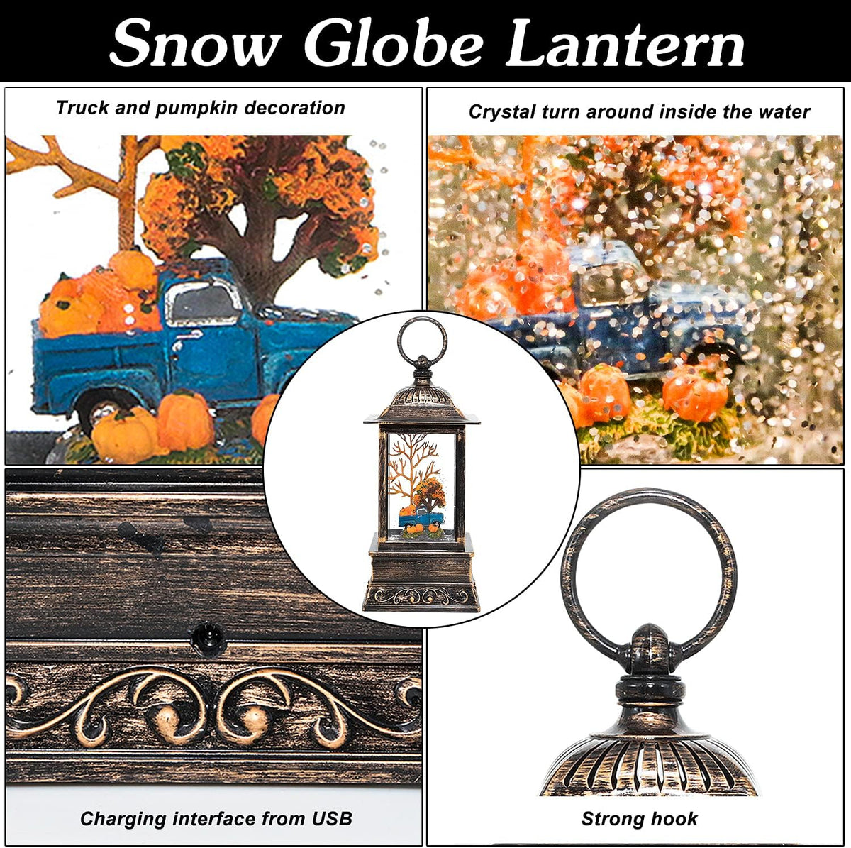 Fall Snow Globe Lantern, Thanksgiving Lighted Lantern, Swirling Glitter Snow Globe for Fall Harvest Day Decorations, Home Fall Decor, Halloween (Truck&Pumpkins)