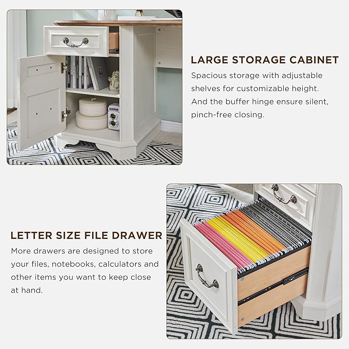 T4TREAM L Shaped Desk with Drawers,59" Farmhouse Wood Home Office Executive Desk,Charging Station,File Drawer, Storage Cabinet,Computer Desk for Work and Study (Antique White)