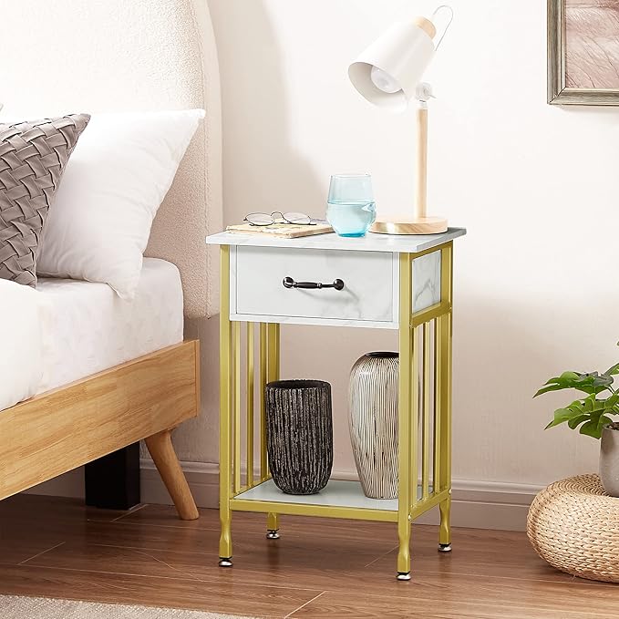 VECELO Nightstands, Industrial Side Table/End Tables with Drawer and Storage Shelf, Night Stands for Bedroom, Living Room, Wood Metal Furniture, Easy Assembly