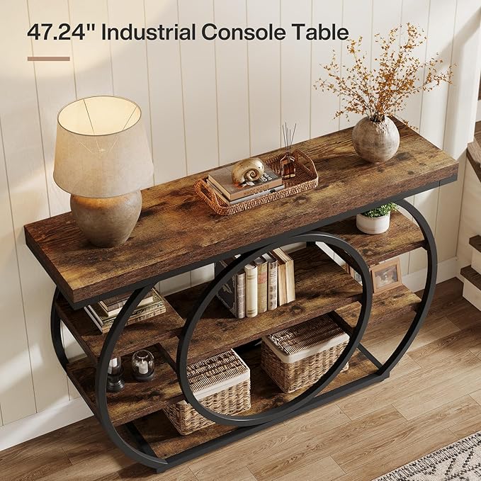 Tribesigns 47" Console Table, 5-Tier Industrial Entryway Table with Metal Frame, Narrow Sofa Table Behind Couch Accent Tables for Living Room, Hallway, Foyer, Rustic Brown