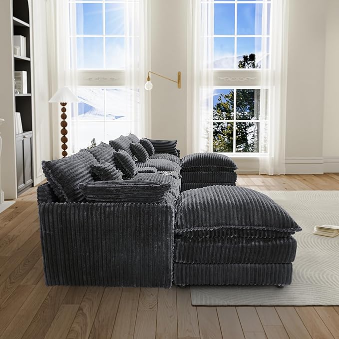 HYJT-H&K 145" U Shaped Cloud Couch Modular Dark Grey Sectional Couches for Living Room, Comfy Fluffy Corduroy Oversized Cloud Sectional Couch Large 6 Seat Sectionals Sofa Set Central Console USB Port