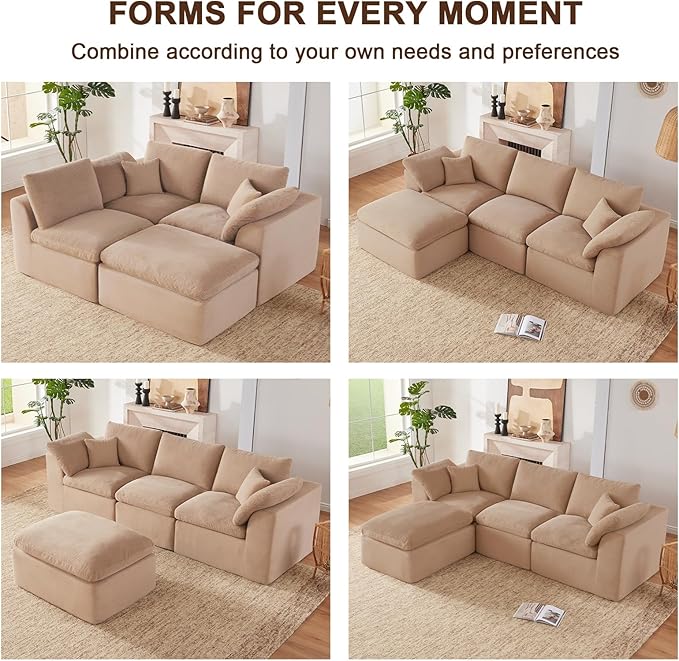 112" Cloud Sectional Couch, Boneless couches for Living Room, L Shaped Couch with Convertible Ottoman, Modular Sectional Sofa with Deep Seat, Comfy Soft Cushions, No Assembly, Camel