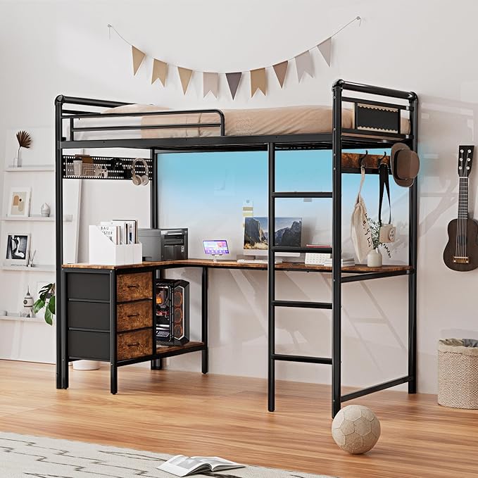 Twin Loft Bed with Desk, Gaming Bunk Bed with Stairs, Metal Loft Bed Heavy Duty Loft Beds for Adults, 3 Fabric Drawers, LED Lights & Charging Sation, No Noise & No Box Spring Needed, Black