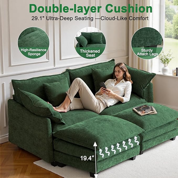 Expandable L-Shaped Sectional Sofa with Ottoman for Apartments, 77" Cloud Chenille Sofa, Create a U-Shape Layout with Optional 2nd Ottoman, Solid Wood Frame, Easy Assembly