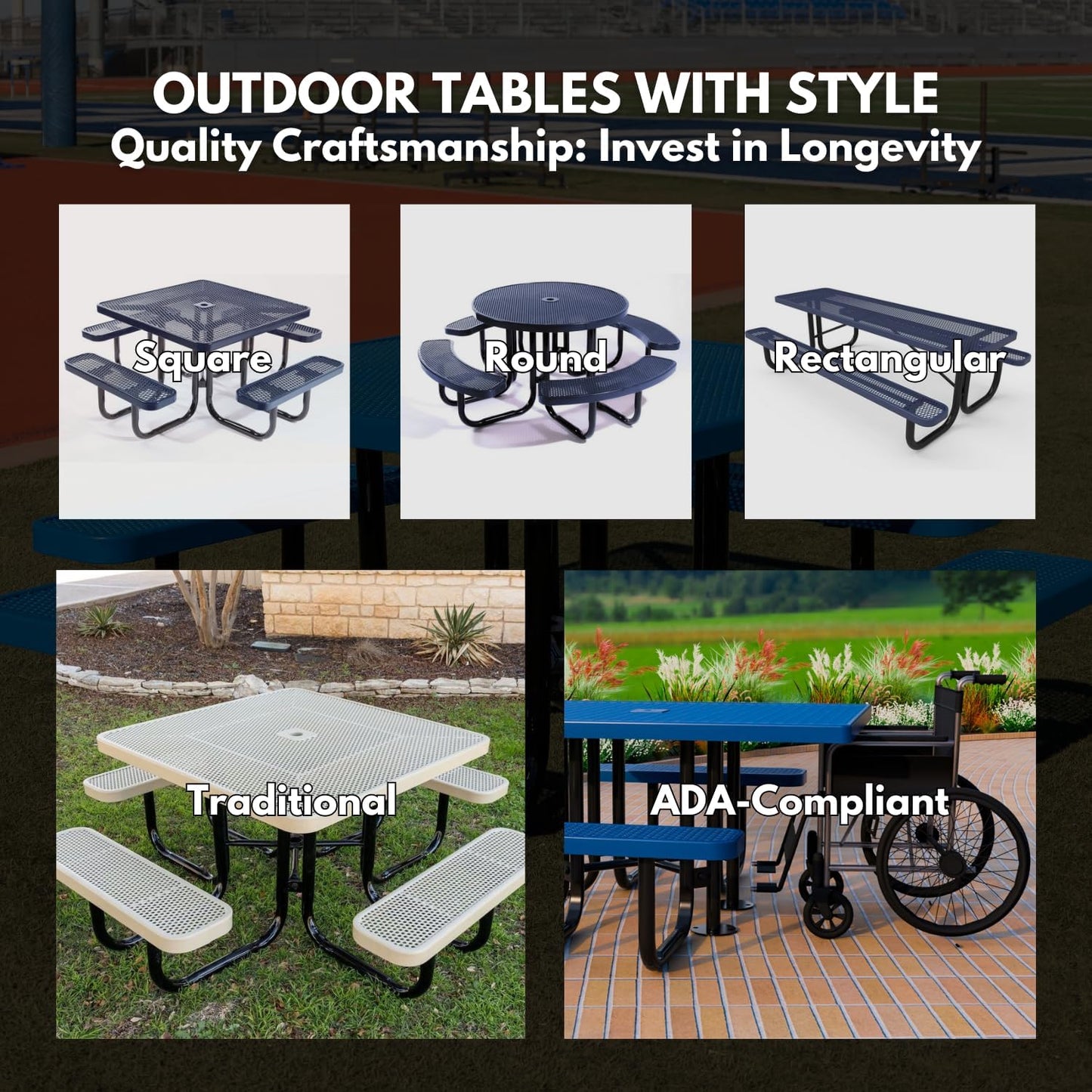 Heavy-Duty Portable Outdoor Picnic Table with Umbrella Hole, Punched Steel Patio Dining Furniture Made in America (46" Round Top, Textured Green)