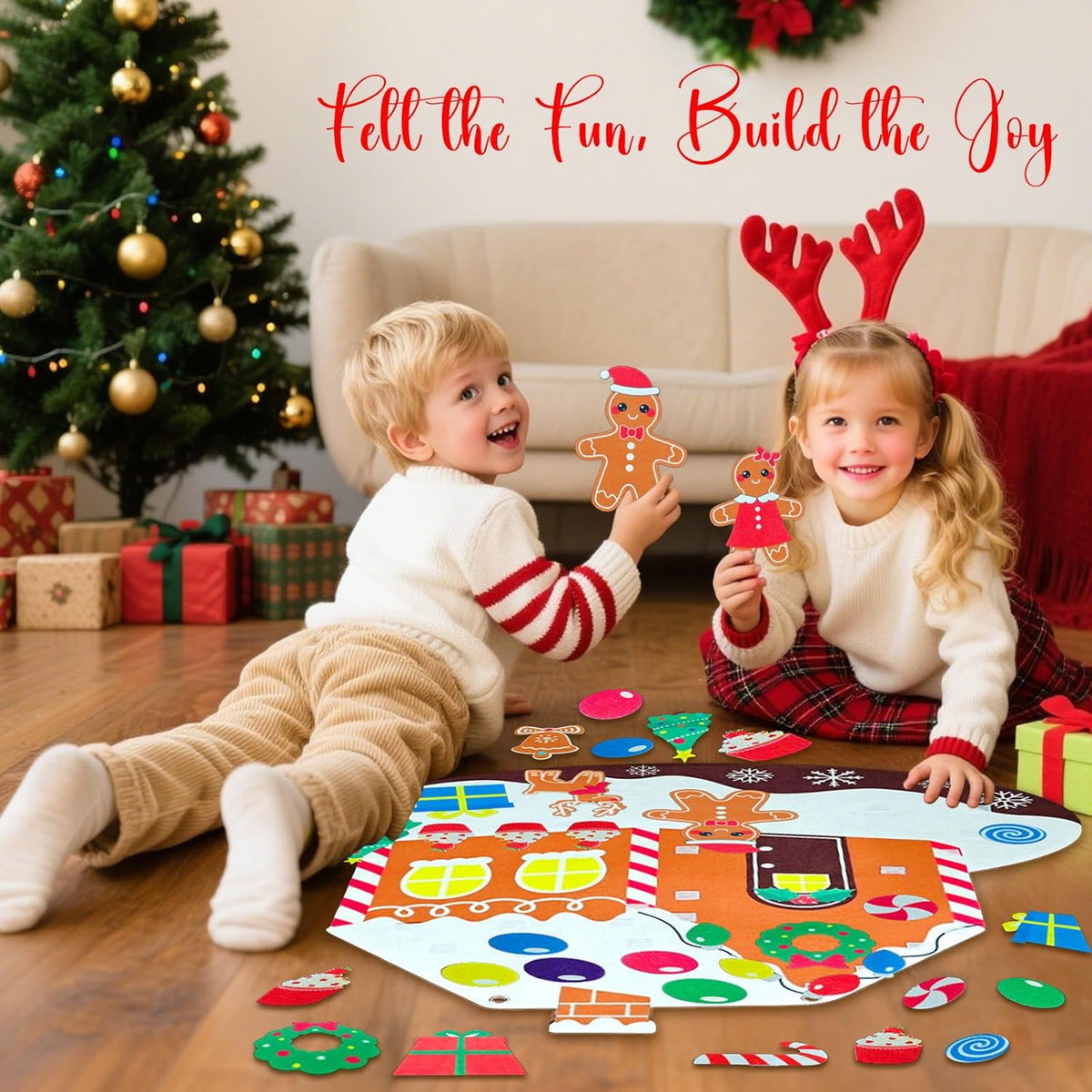 Felt Gingerbread House with Detachable Felt Christmas Ornaments, Festive Gingerbread Man Woman Story Board for Wall, DIY Montessori Activities for Little One Craft Kit Xmas Decor Party Favor