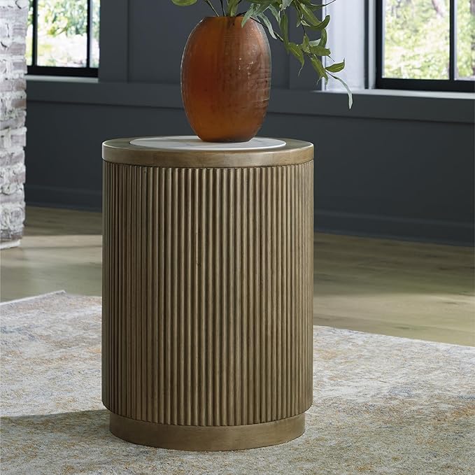 Signature Design by Ashley Camdill Round End Table, Scratch & Stain Resistant, Faux Marble Top, Hardwood Solids, 18.13" W x 18.13" D x 23.75" H, Light Brown & White