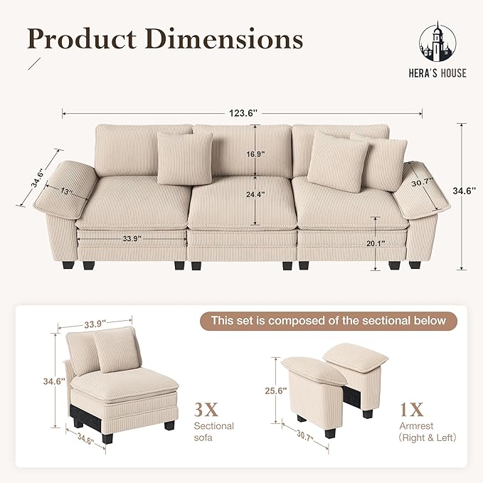 HERA'S HOUSE 124" Modular Sectional Sofa, Oversized Couches for Living Room, Comfy Cloud Couch 3-Seater Deep Seat Sofa with Throw Pillow, Corduroy Beige