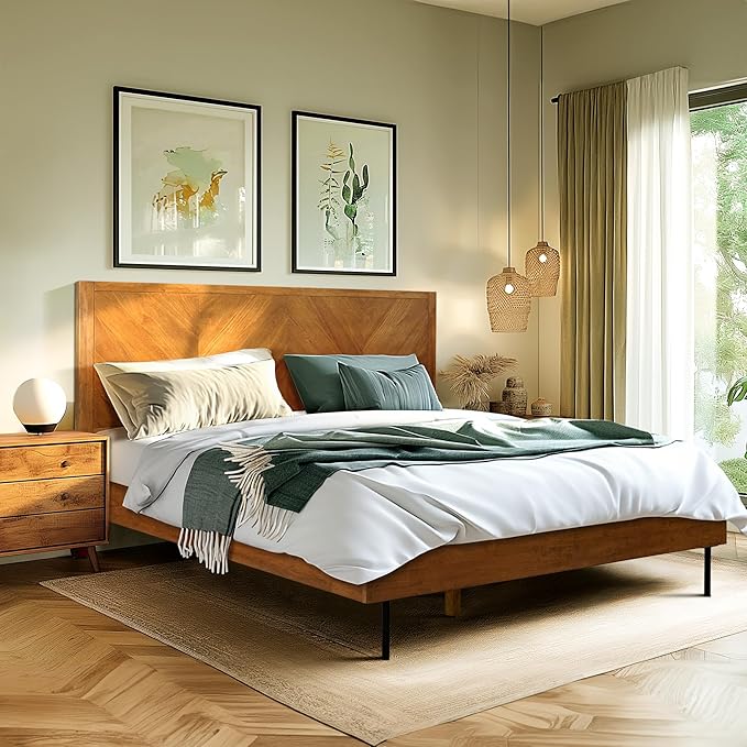 Acacia Alander Bed Frame with Headboard Bed Frame Queen Size Solid Wood Platform Bed, Scandinavian Signature High Headboard Wood Bed Compatible with All Mattress Types, 30 Mins Assembly, Walnut
