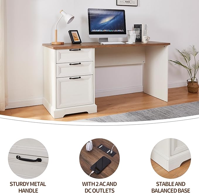60" L-Shaped Executive Desk with 40" File Cabinet,Farmhouse Home Office Desk with Charging Station,Wood Computer Desk Set for Office Work,Home Study