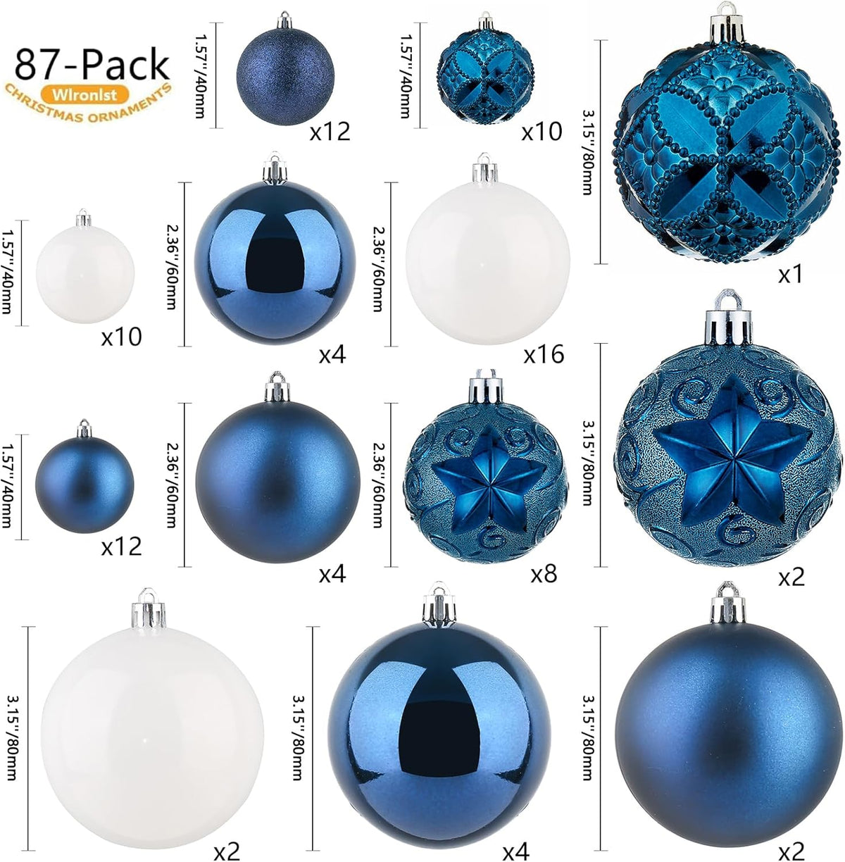 87-Pack Shatterproof Christmas Ball Ornaments Set, Christmas Tree Decorations with Hand-held Gift Package for Xmas Tree Holiday Wedding Party (Blue)