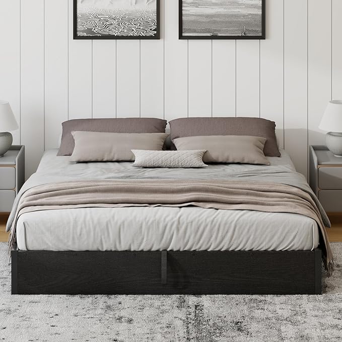 Lift Up Storage Bed Frame, King Size Wooden Platform Bed with Large Storage Underneath, No Box Spring Needed, Noise Free, Black