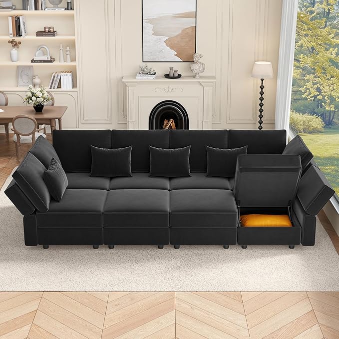 Vesgantti Sectional Sleeper Sofas with Storage, 118" Sofa Bed with 8 Seats Storage Chaises Removeble Cover, Deep Seat Modular Couches Velvet Couch Set for Living Room, Apartment, Home Theatre, Black