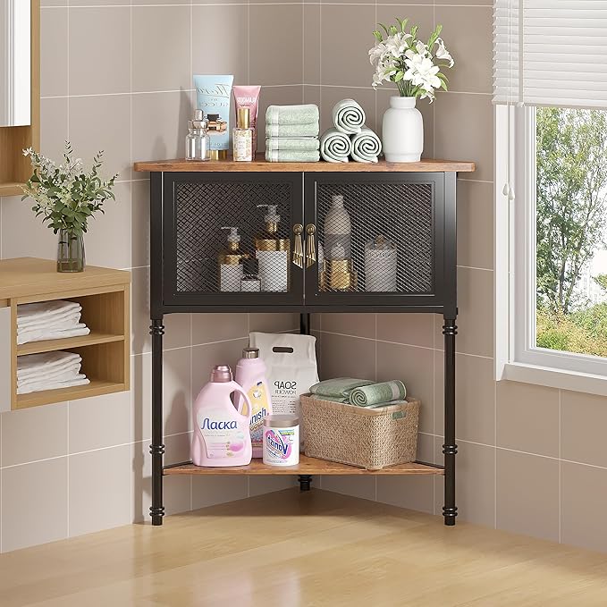 VECELO 3 Tier Corner Cabinet,Corner Table Shelf with Storage Cabinet,Industrial Metal Frame and Wood Shelves Organizer for Small Spaces in Living Room/Bedroom/Kitchen