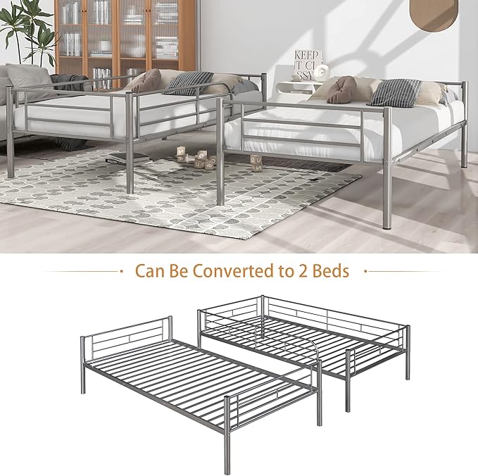 Merax Twin Over Twin Metal Bunk Bed with Ladder and high Guardrail, Able to Split, Storage Space, No Box Spring Needed, Noise Free,Silver