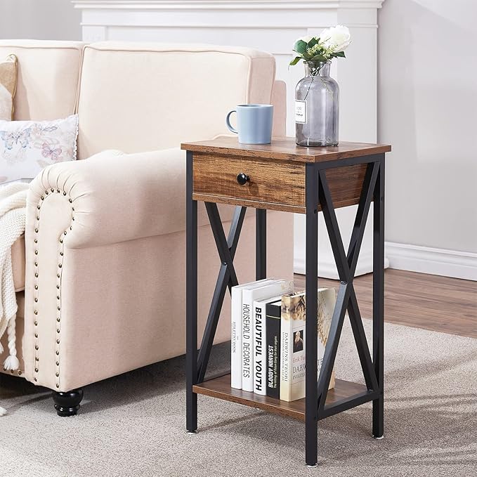 VECELO Tall Nightstand Set of 2,27.6 inch Wooden End Table with Metal X-Frame,Side Table with Drawer and Storage Shelf for Living Room Bedroom Entryway Small Spaces