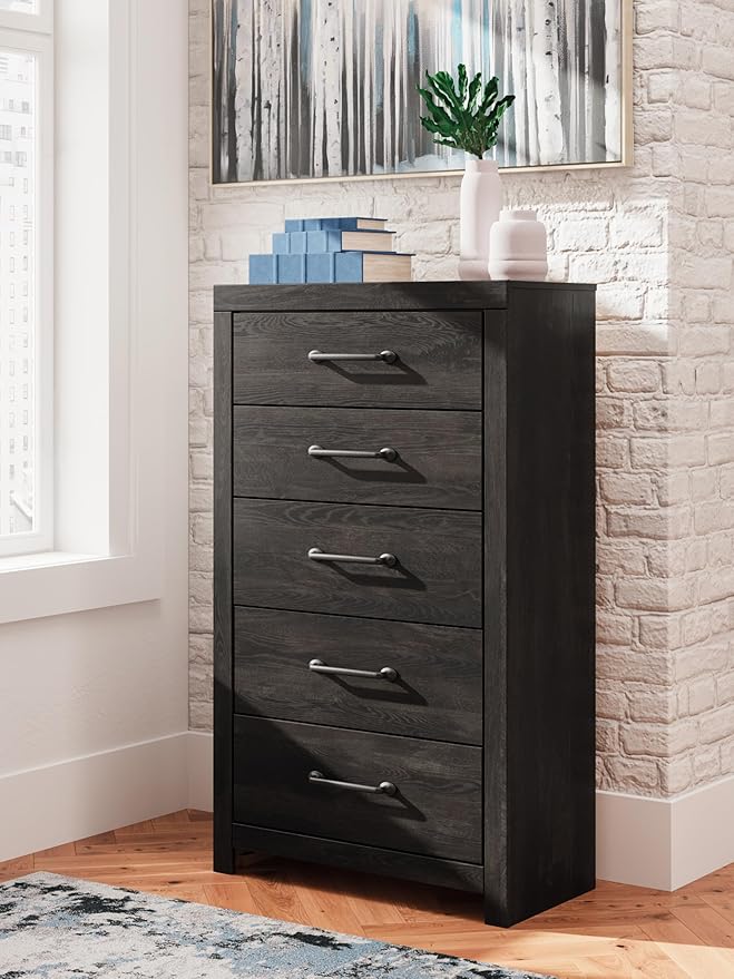 Signature Design by Ashley Delmorta Rustic 5-Drawer Chest of Drawers with Safety Stop, Gray