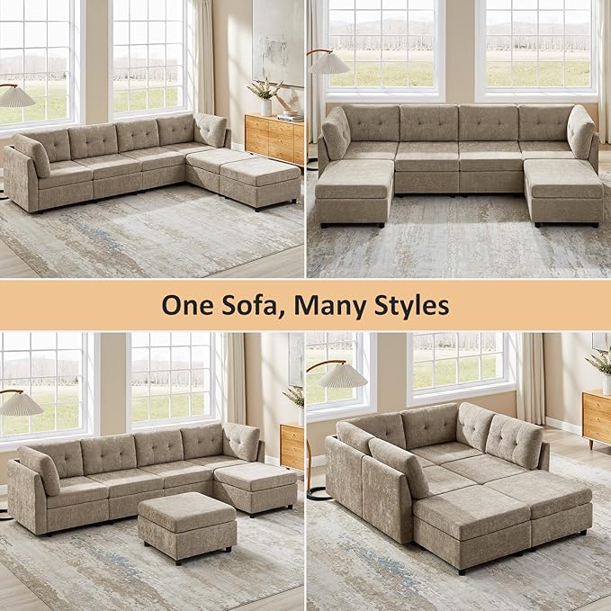 VANOMi 4 Seat Modular Cloud Sofa with 2 Ottomans, 118" Sectional Sofas & Couches for Living Room, Comfy Chenille Cloud Sectional Couch Sofas for Living Room, Apartment, Office, Camel, U Shaped